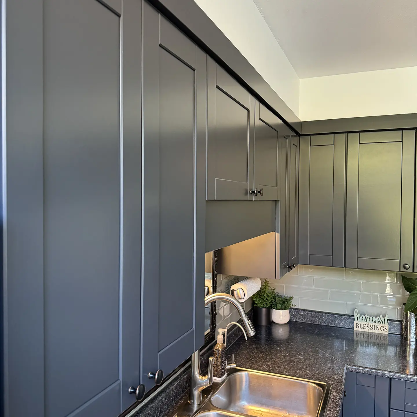 EKR_Black-Panther-Kitchen-2_1440 Dark gray kitchen cabinets refinished by Elegant Kitchen Restoration using Renner 2K Coatings for a smooth, durable, factory-quality finish